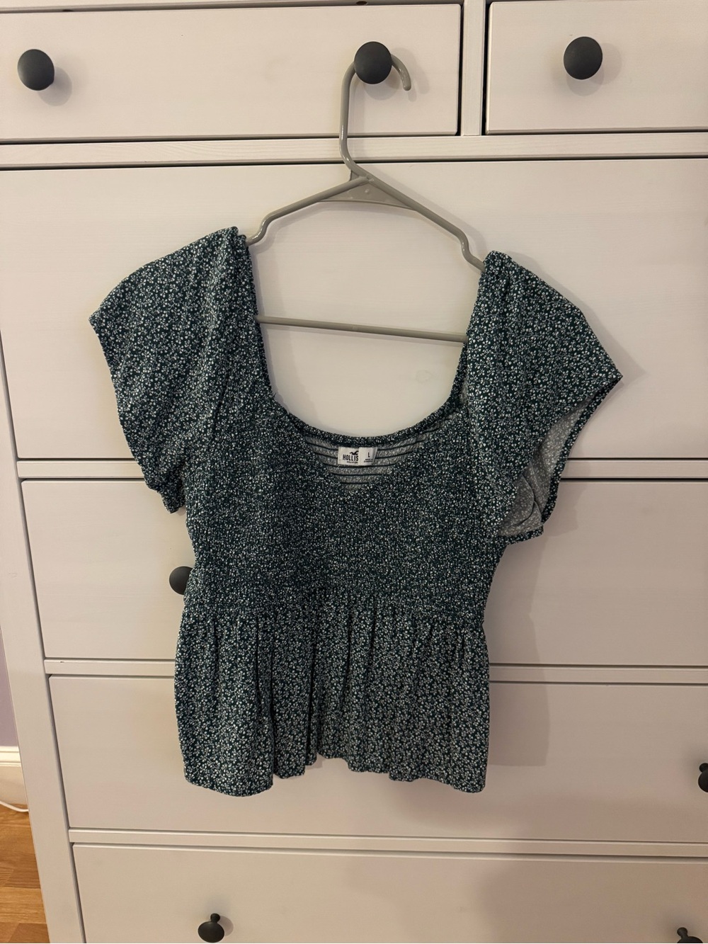 Hollister Dark Green Floral Smocked Peplum Top